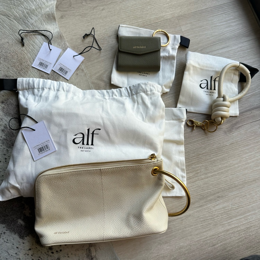 Alf the Label cream bundle - wallet, pouch, key ring, carabiner, and small clip